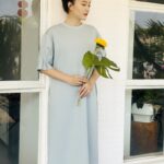 Sukongfashion NO.15635 Pure Color Pleated Sleeve Midi Dress-blue