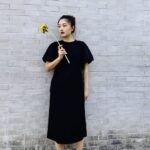 Sukongfashion women midi dress with puff sleeve NO.15657-black