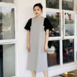 Sukongfashion women midi dress with puff sleeve NO.15657-gray-1