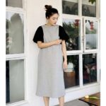 Sukongfashion women midi dress with puff sleeve NO.15657-gray-2