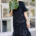 sukongfashion NO.15901 knee length dress with chiffon ruffles-black-1