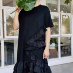 sukongfashion NO.15901 knee length dress with chiffon ruffles-black-2