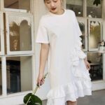 sukongfashion NO.15901 knee length dress with chiffon ruffles-white