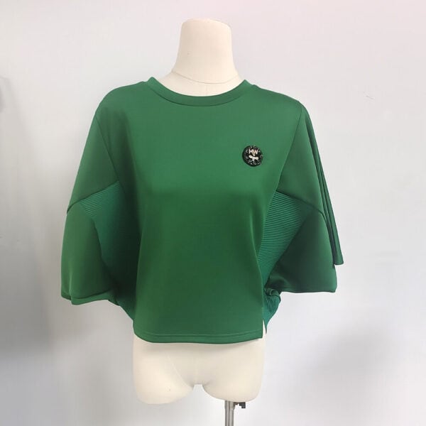Sparkling Elegance Women's T-shirt Batwing Sleeves with Rhinestone Badge Appliqué-green