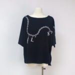 Women's Boat Neck T-Shirt with Chain Print Rhinestone Accents-black