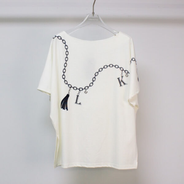Women's Boat Neck T-Shirt with Chain Print Rhinestone Accents-white-hanging