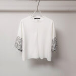 Women's Short Sleeve T-shirt with Batwing Sleeves and Oriental Embroidery-hanging-white-2