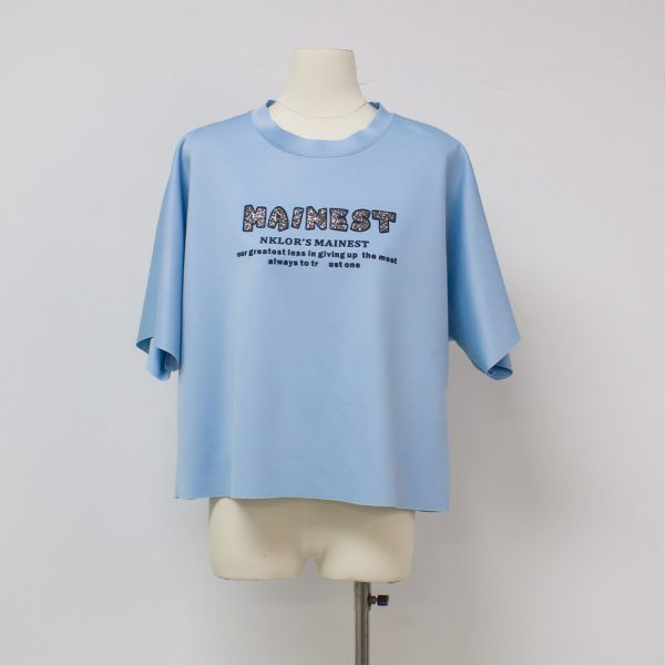 NO.16108 Summer Women's Short Sleeve T-shirt with Shiny & Raised Letters-sky blue