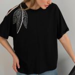 NO.16151 One-Shoulder Women's T-Shirt with Leaf Embroidery Short Sleeve Tee-Black