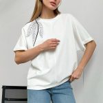 NO.16151 One-Shoulder Women's T-Shirt with Leaf Embroidery Short Sleeve Tee-White-1