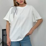 NO.16151 One-Shoulder Women's T-Shirt with Leaf Embroidery Short Sleeve Tee-White-2