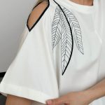 NO.16151 One-Shoulder Women's T-Shirt with Leaf Embroidery Short Sleeve Tee-White-detail