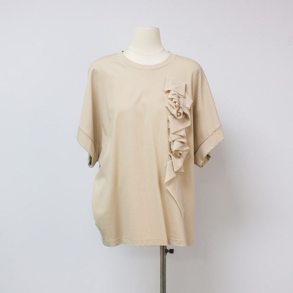 Sukong Fashion NO.16170 Women's Summer T-shirt with Elegant Layered Pleat Decoration-apricot