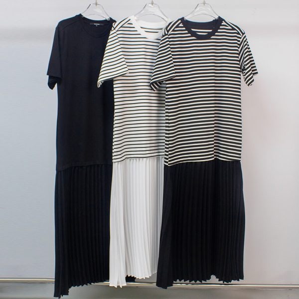 Sukong fashion NO.16160 Women's Striped Pleated Hem T-Shirt Dress