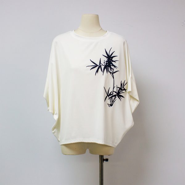 Sukong fashion NO.16166 summer ice cotton Women T-Shirts with bamboo leaves embroidery-white