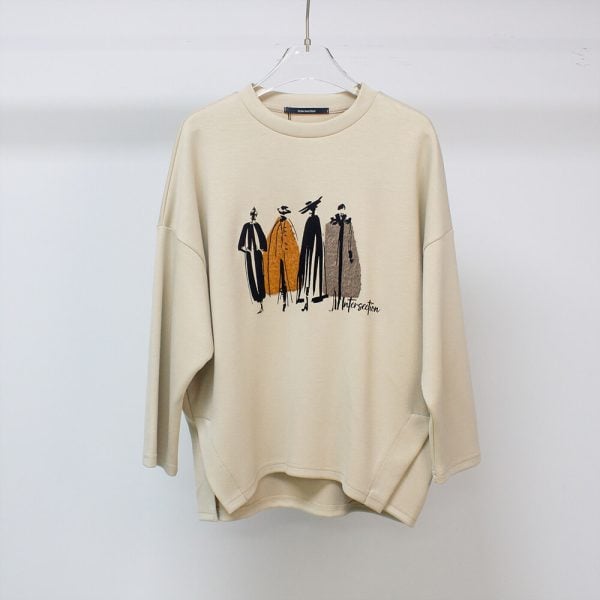 Sukongfashion NO.15625 Air Layer Women's Long Sleeve T-shirt with Appliqué Graphic-apricot