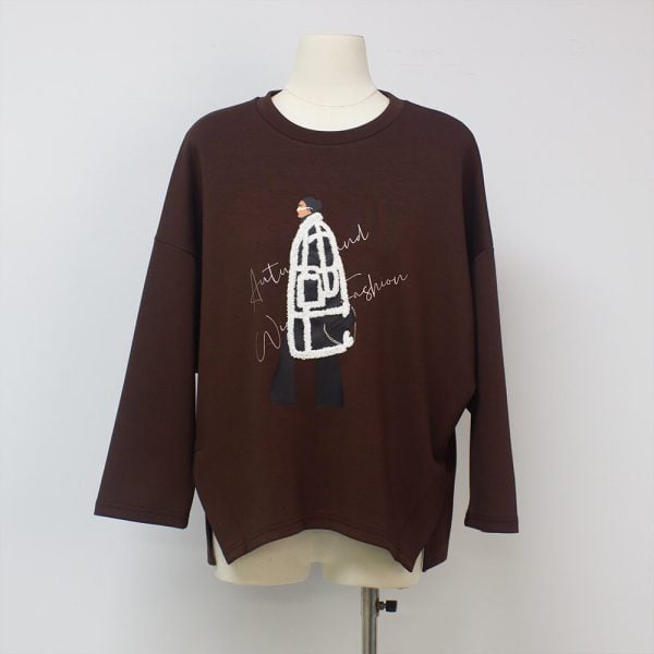 Sukongfashion NO.15625 Air Layer Women's Long Sleeve T-shirt with Towel Embroidery and Silver Foil Print-brown-2