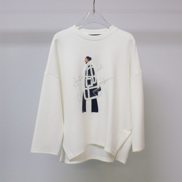 Sukongfashion NO.15625 Air Layer Women's Long Sleeve T-shirt with Towel Embroidery and Silver Foil Print-white